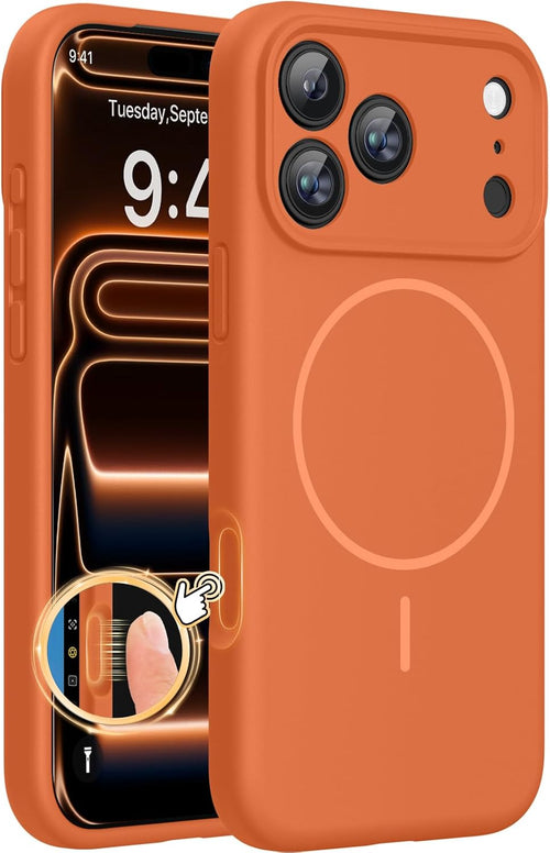 Magnetische Hülle für iPhone 17 Pro Max, MagSafe-kompatibel, mit integrierter Silikon-Kamerasteuerung, 3,0 mm dicke stoßfeste Schutzhülle für 17 Pro Max, Orange